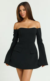 Nettie Mini Dress - Off Shoulder Longsleeve Fit and Flare Dress in Black
